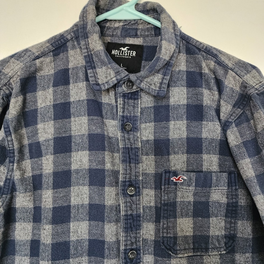 Hollister California Plaid Flannel Shirt Mens Large Blue Gray Button Front Logo